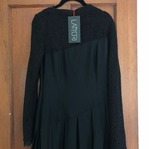 Black lace and pleated longsleeve dress